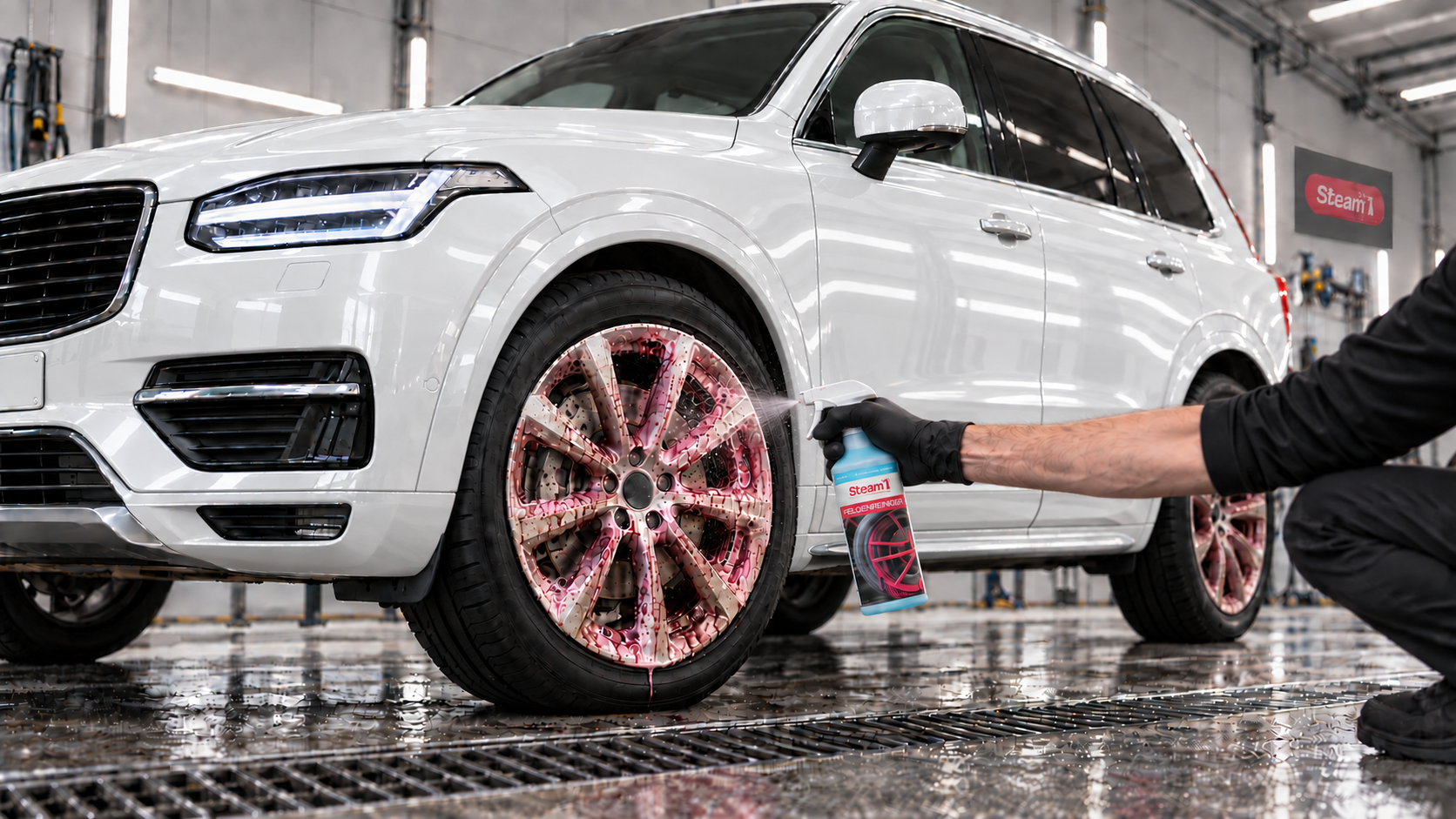 STEAM Felgenreiniger bei der Felgenpflege an einem weißen SUV