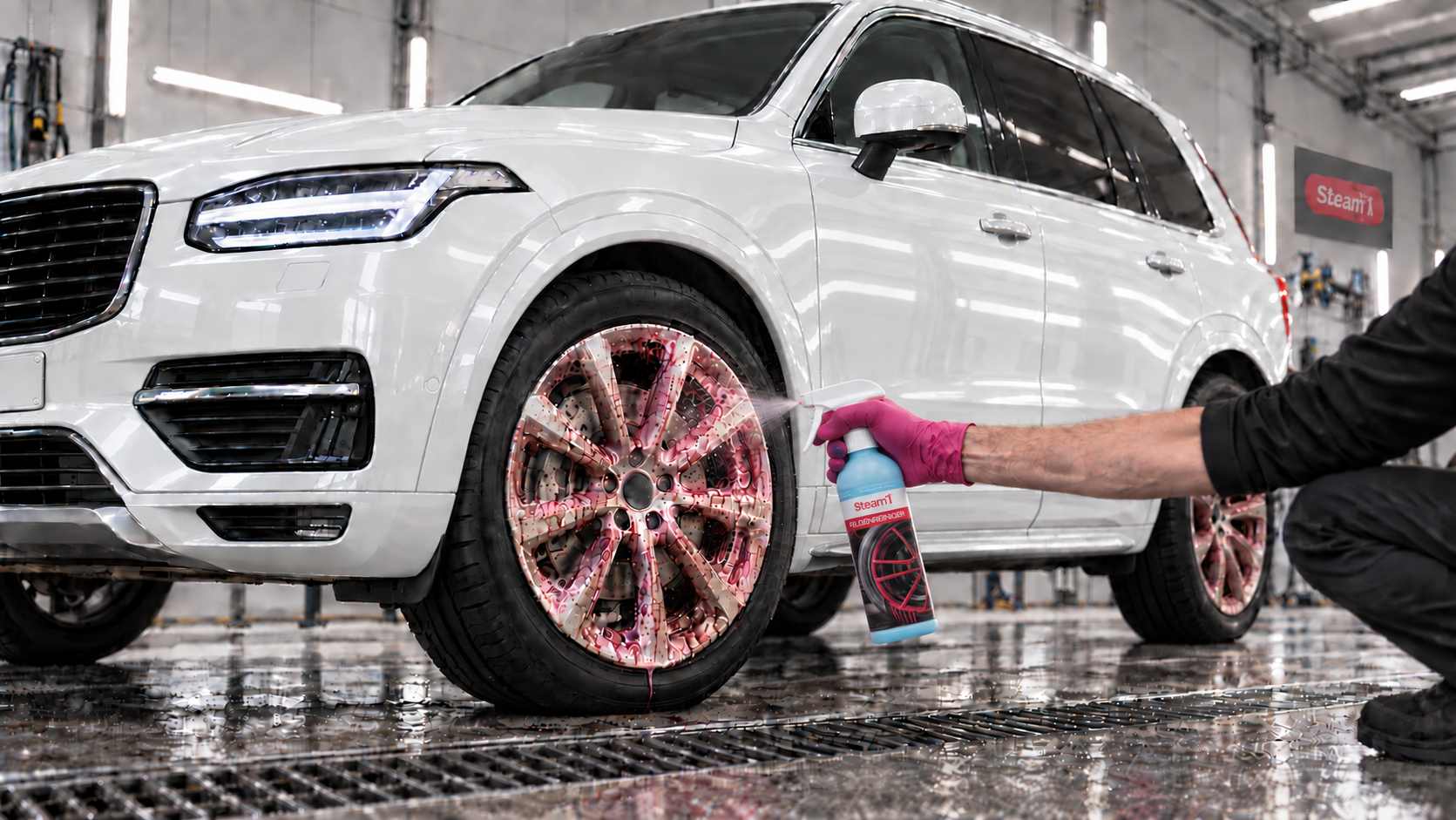 STEAM Felgenreiniger bei der Felgenpflege an einem weißen SUV