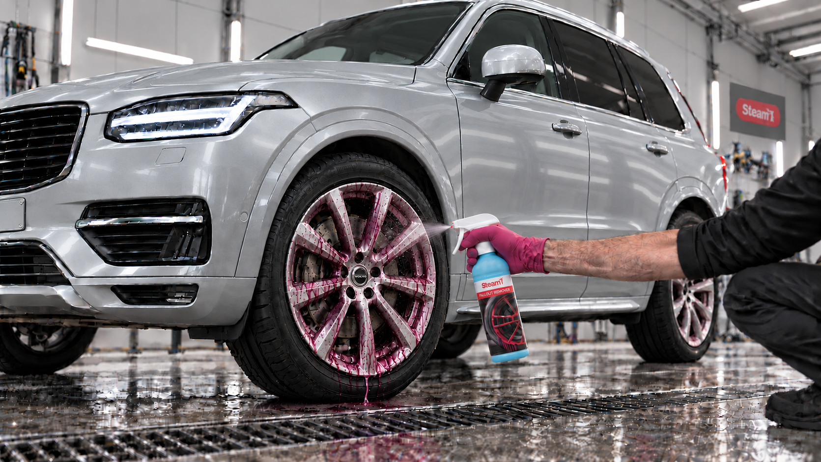 STEAM Felgenreiniger mit violettem Wirkindikator an einem silbernen Volvo XC90